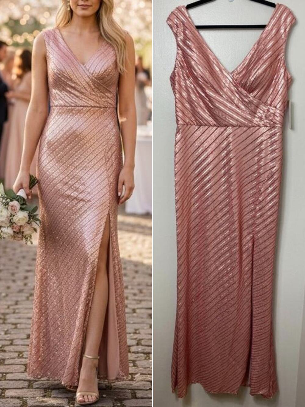 NWT Rene Ruiz Dress 14 Pink Sequin Wedding Guest Sequin Evening Formal Gown
